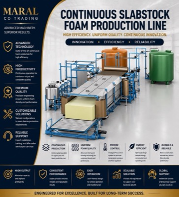 Continuous slabstock foam production line with chemical tanks and foam block